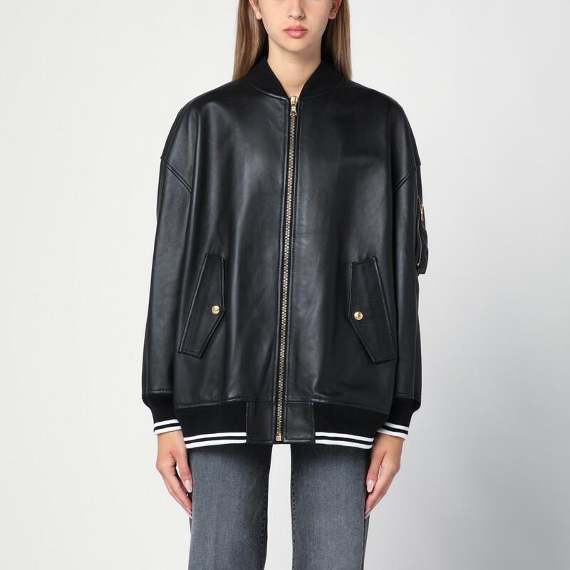 Palm Angels Black leather college bomber jacket Cover