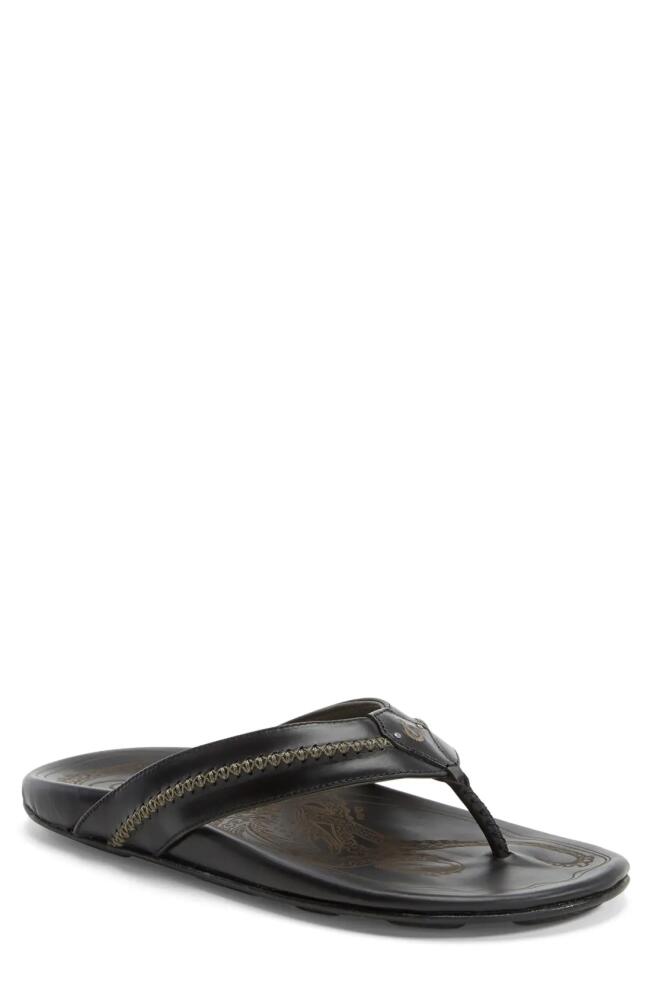 OluKai Mea Ola Flip Flop in Black/Black Leather Cover