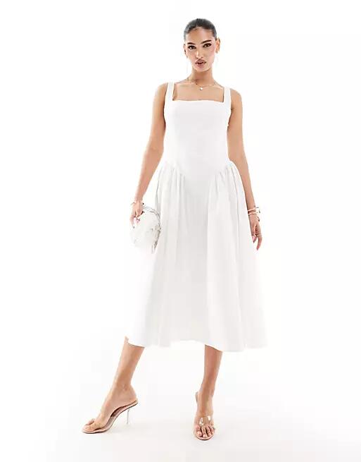 Kaiia square neck puff hem midi dress in white Cover