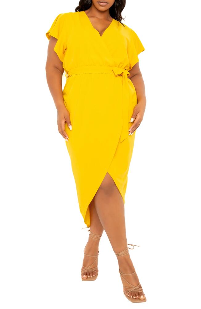 BUXOM COUTURE Flutter Sleeve High-Low Faux Wrap Dress in Mustard Cover