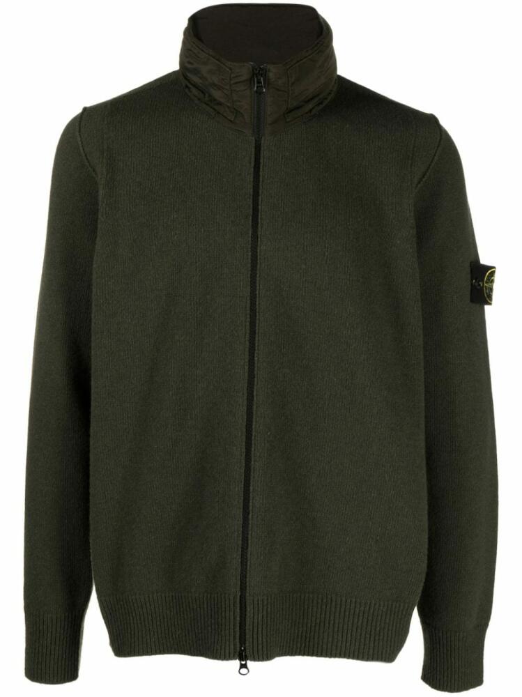 Stone Island Compass-badge concealed-hood wool-blend Cardigan - Green Cover