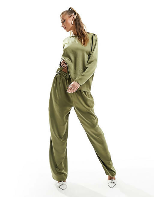 Flounce London satin floaty pants in olive - part of a set-Green Cover