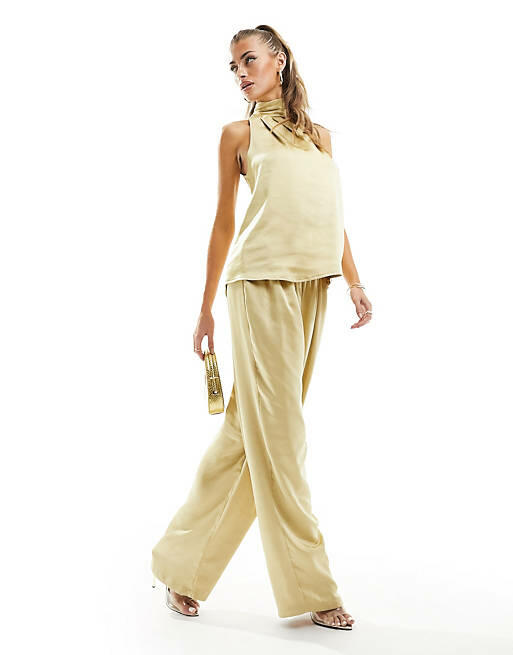 Flounce London satin floaty pants in gold - part of a set Cover