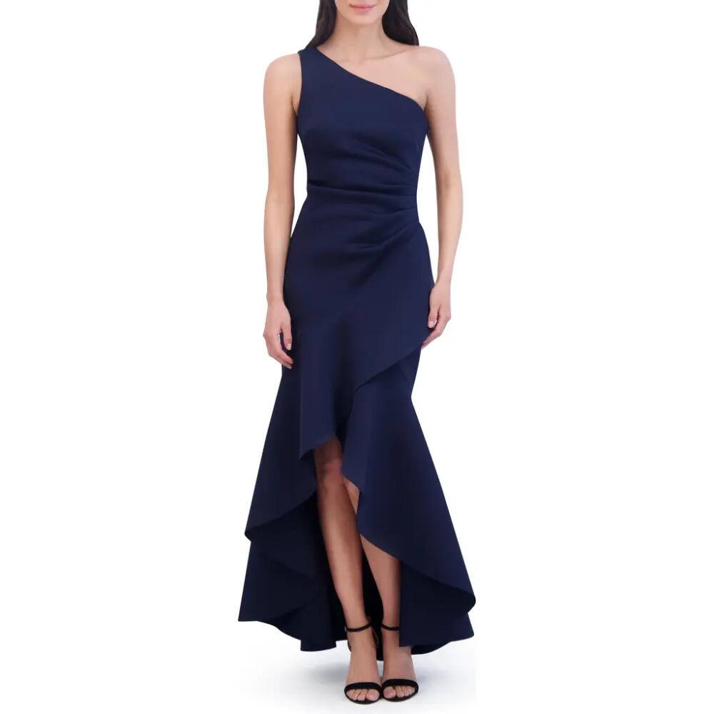 Eliza J One-Shoulder Side Pleat Ruffle Gown in Navy Cover