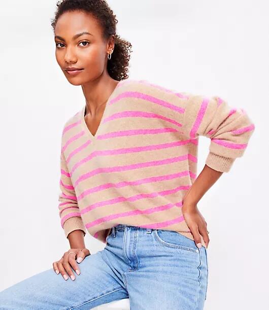 Loft Stripe Relaxed V-Neck Cashmere Sweater Cover