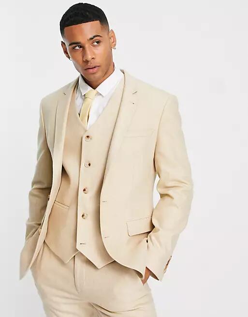 ASOS DESIGN wedding skinny wool mix suit jacket in stone basketweave texture-Neutral Cover