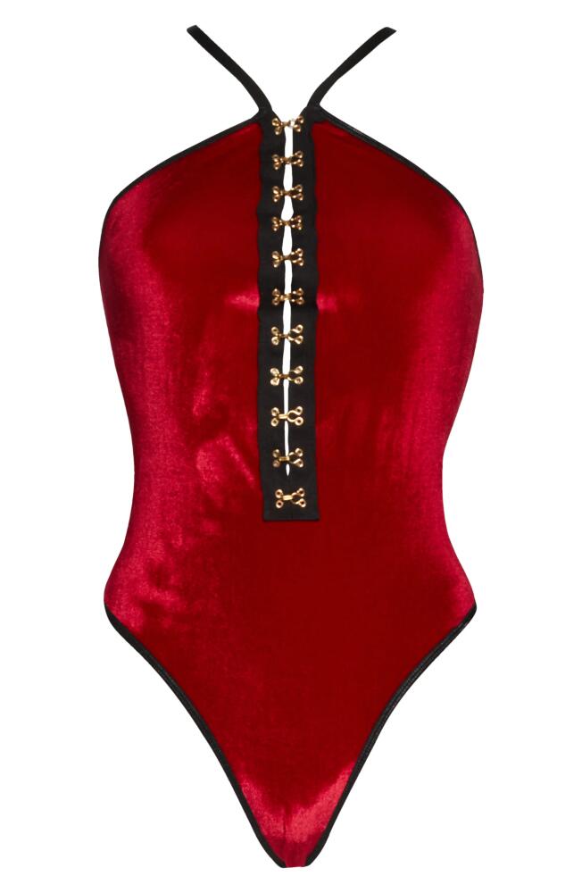 Coquette Strappy Back Velvet Teddy in Red Cover