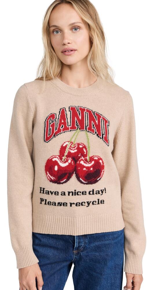 GANNI Graphic Wool Mix Cherry Crewneck Safari Cover