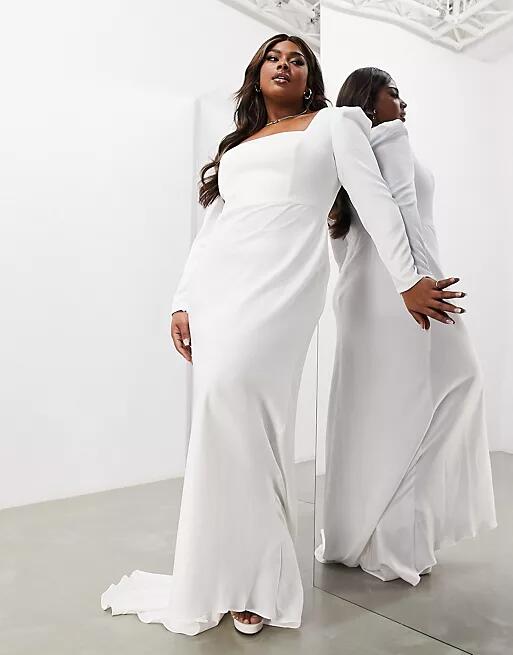 ASOS DESIGN Curve Gigi satin square neck long sleeve wedding dress in ivory-White Cover