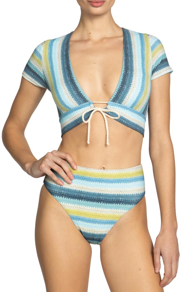 Robin Piccone Lyra Stripe Cap Sleeve Bikini Top in Blue/Honeydew Cover