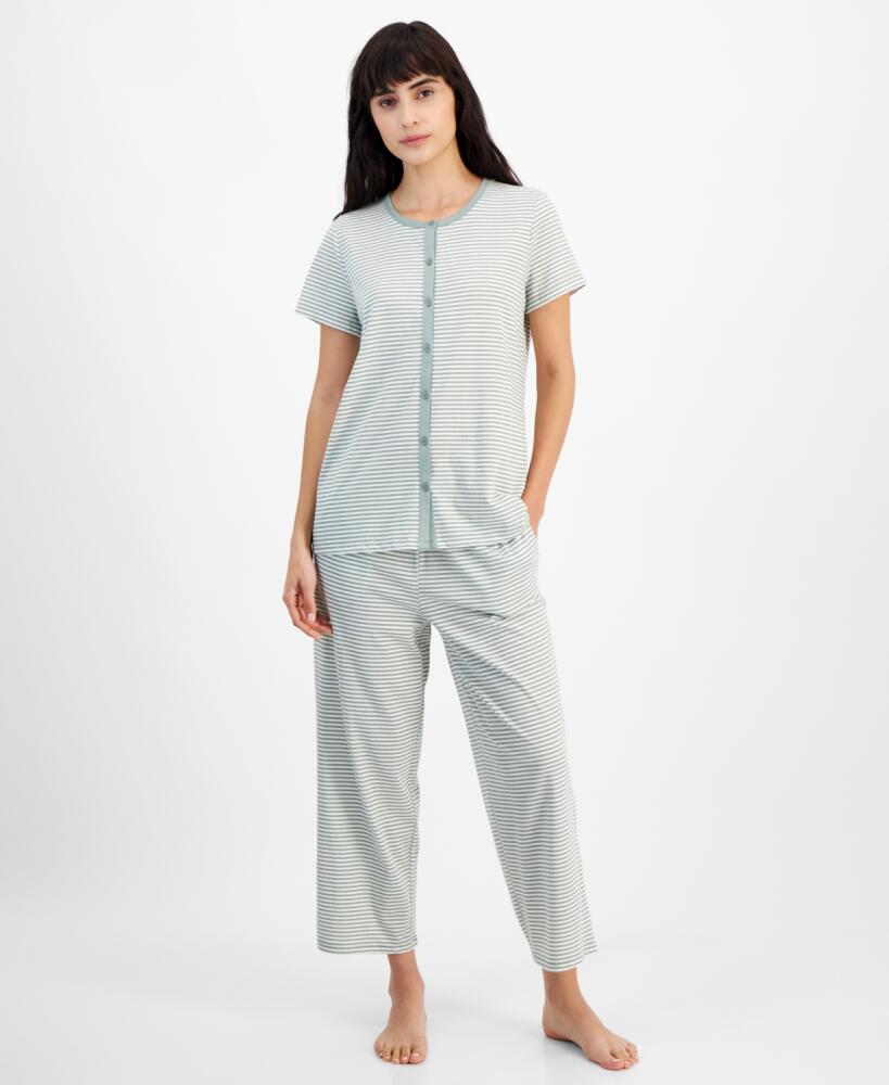 Charter Club Women's 2-Pc. Cotton Printed Cropped Pajamas Set, Created for Macy's - Feeder Stripe Green Cover