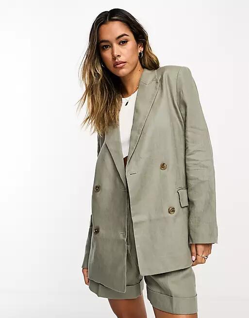 & Other Stories linen blazer in khaki - part of a set-Green Cover