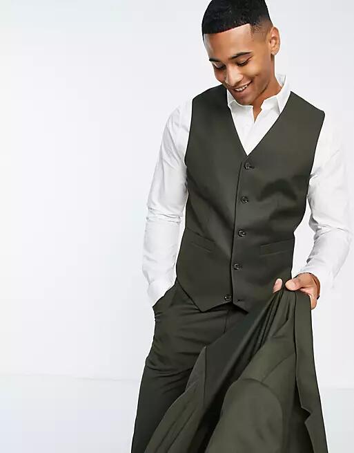 ASOS DESIGN slim suit vest in khaki-Green Cover