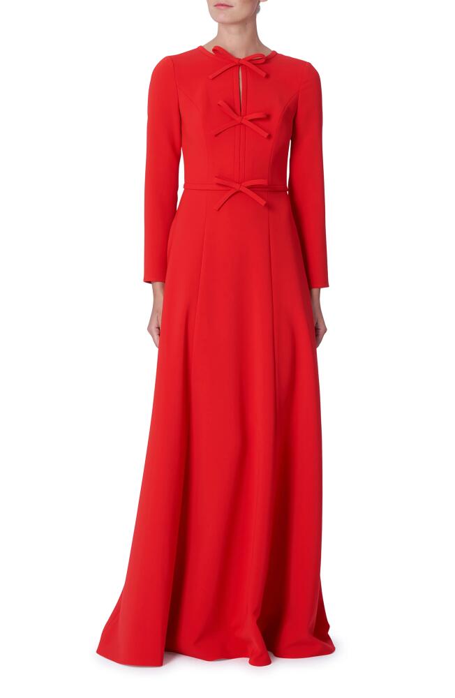 Carolina Herrera Pleated Triple Bow Cutout Long Sleeve Gown in Poppy Cover