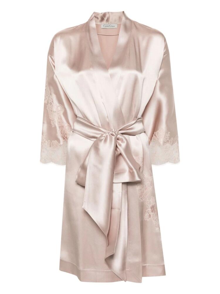 Carine Gilson Calais-Caudry lace-trim silk robe - Pink Cover