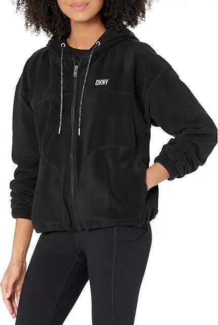 DKNY Cropped Full Zip Polar Fleece Jacket (Black/Silver) Women's Clothing Cover