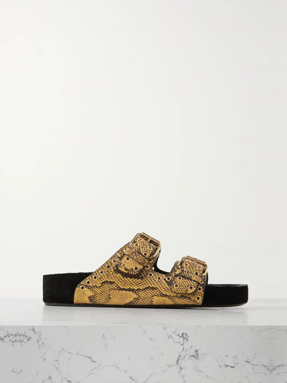 Isabel Marant - Lennyo Eyelet-embellished Snake-effect Leather Slides - Yellow Cover