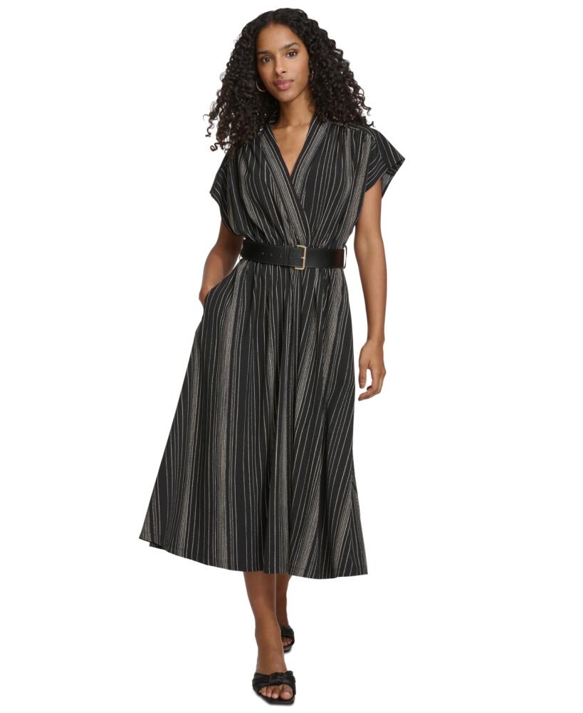 Calvin Klein Women's Printed Belted Surplice-Neck A-Line Dress - Black Latte Cover