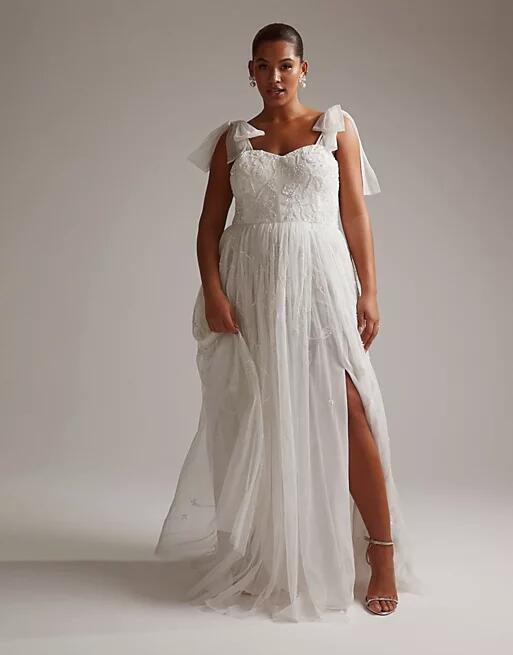 ASOS DESIGN Curve Mila floral embellished mesh wedding dress with tie straps in ivory-White Cover