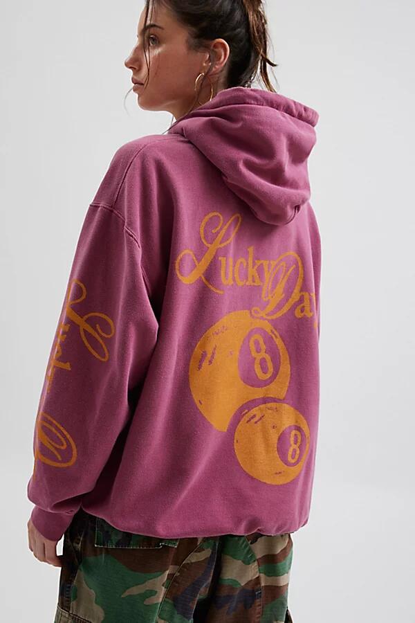 Lucky Day Graphic Overdyed Hoodie Sweatshirt in Soft Maroon Cover