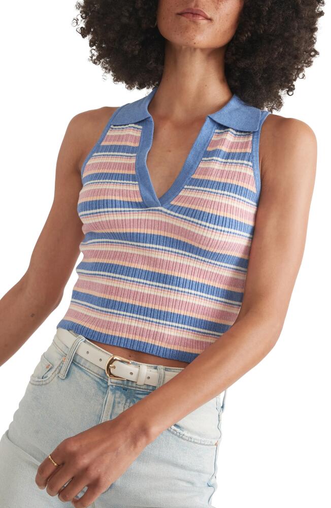 Marine Layer Amelia Stripe Sleeveless Johnny Collar Rib Crop Polo in Indigo Multi Stripe Cover