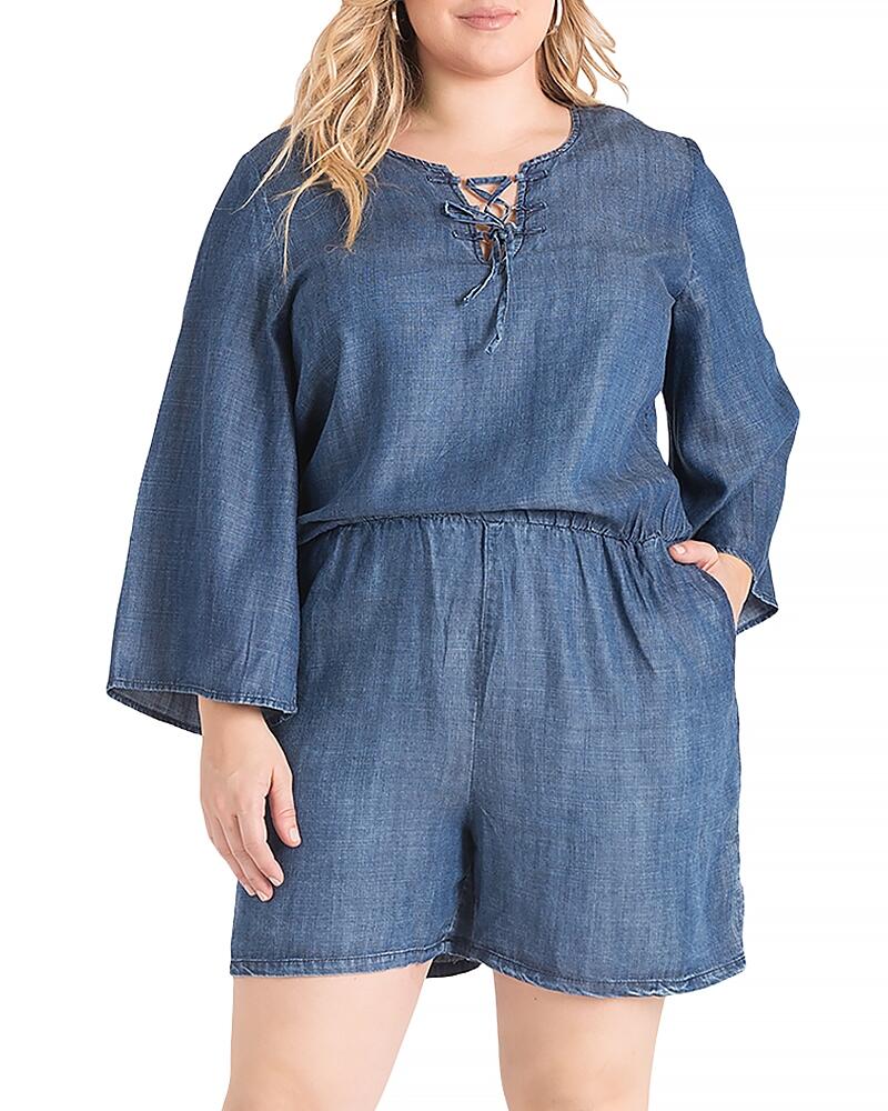 standards & practices Plus Bell Sleeve Lace Up Denim Romper Cover