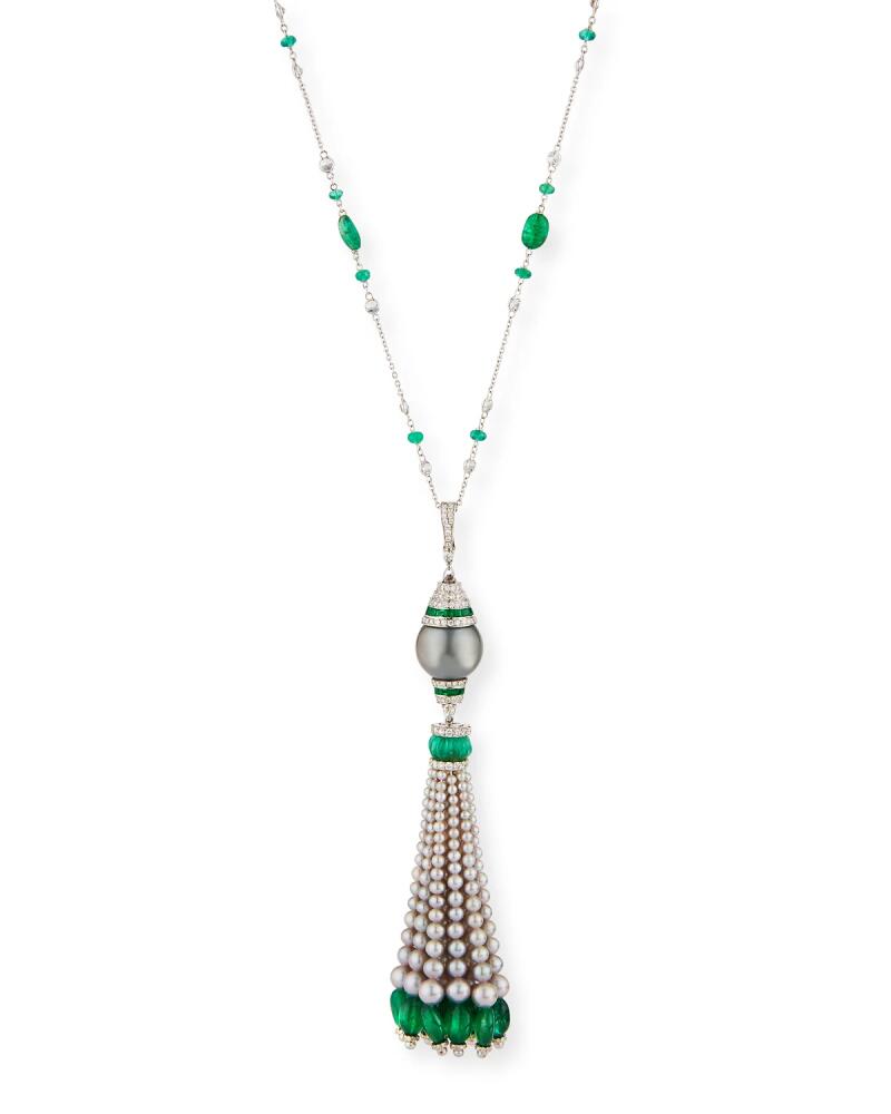 Andreoli 18k White Gold Emerald, Diamond & Pearl Tassel Necklace Cover