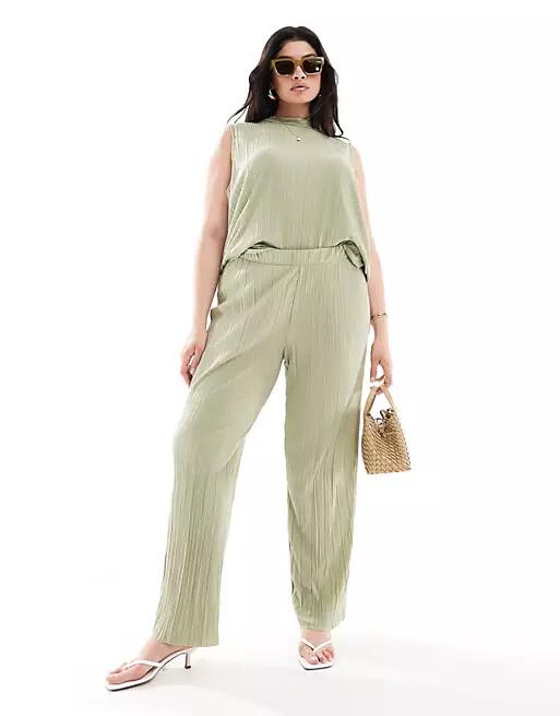 Vero Moda Curve plisse wide leg pants in pistachio - part of a set-Green Cover