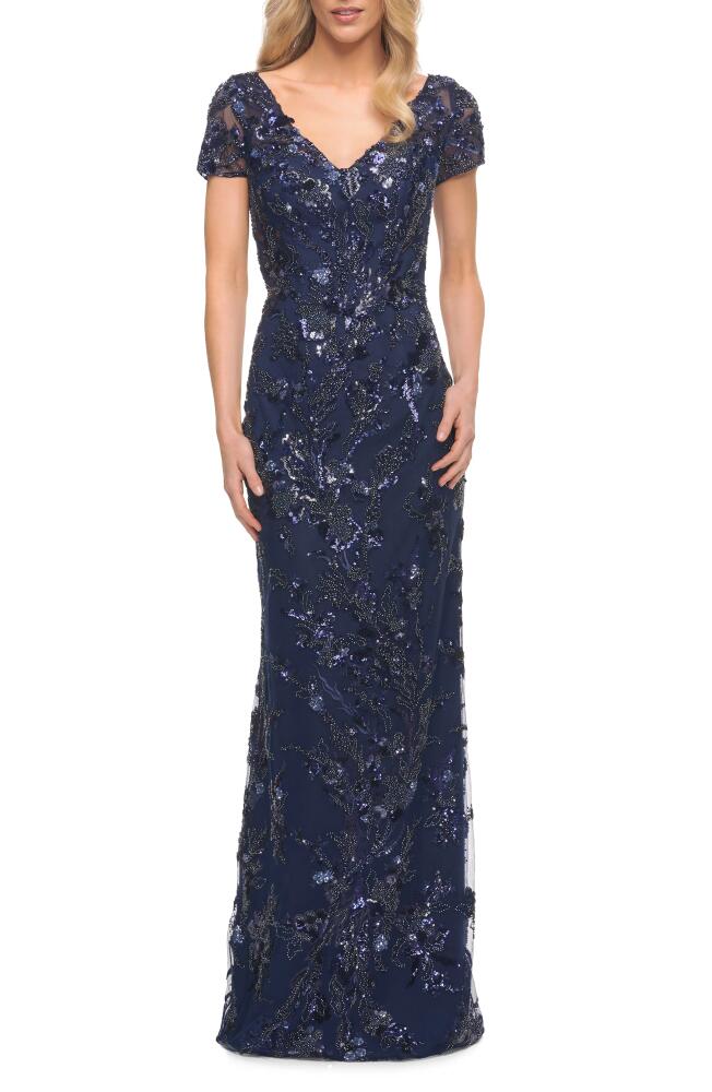 La Femme Beaded Column Gown in Navy Cover