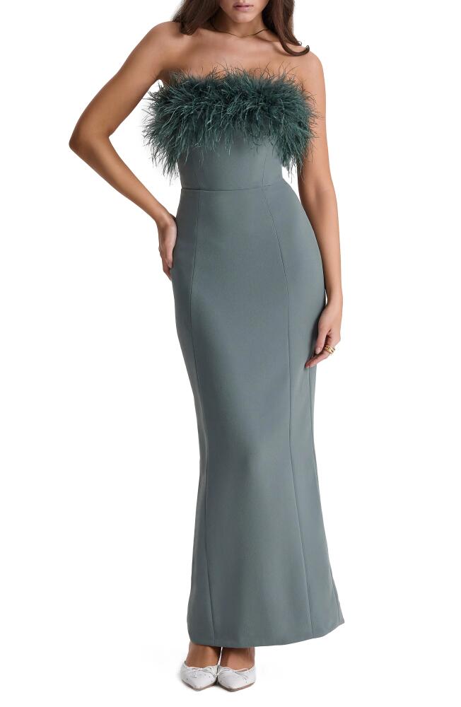 HOUSE OF CB Juliene Strapless Feather Bodice Crepe Cocktail Dress in Dark Eucalyptus Cover