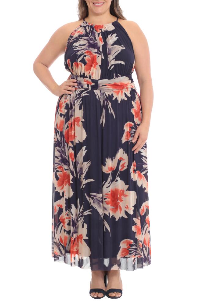 Maggy London Floral Maxi Dress in Navy Coral Taupe Cover