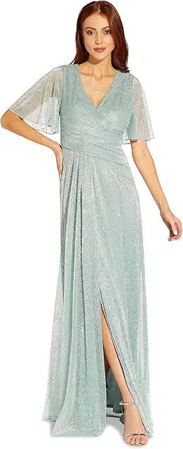 Adrianna Papell Metallic Mesh Draped Gown (Sea Glass) Women's Dress Cover