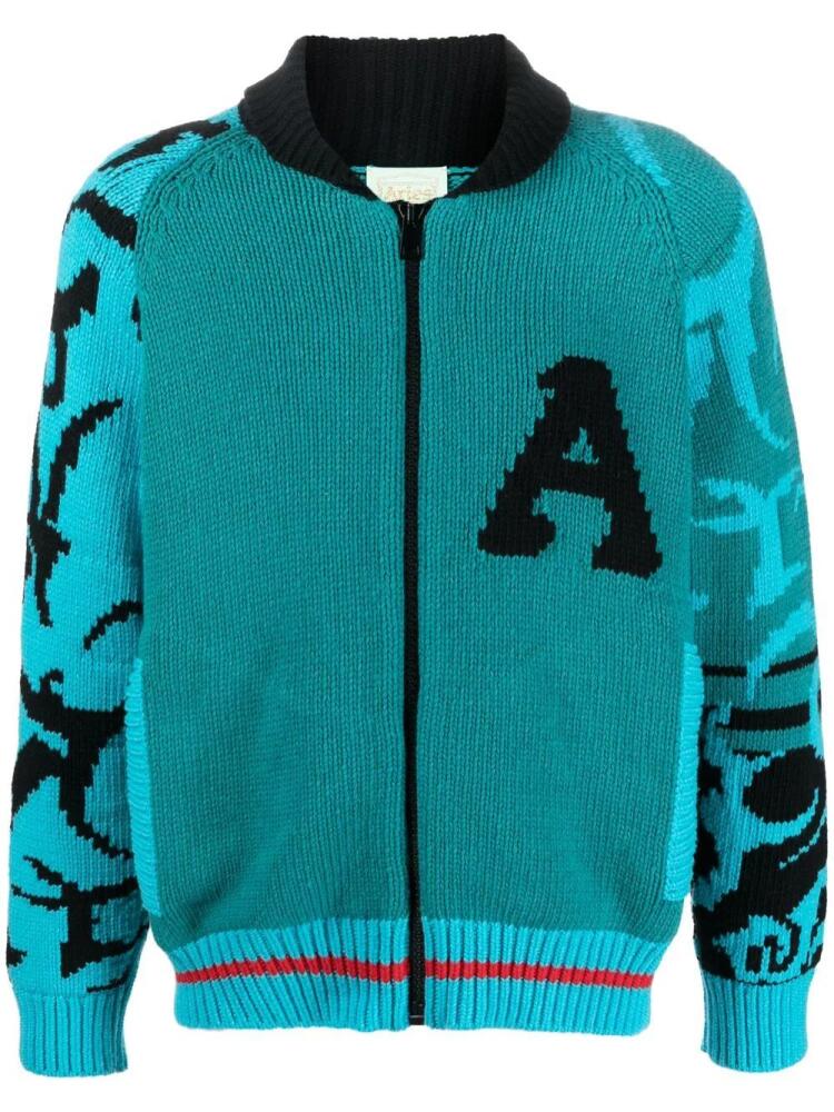 Aries logo-intarsia zip-up cardigan - Blue Cover