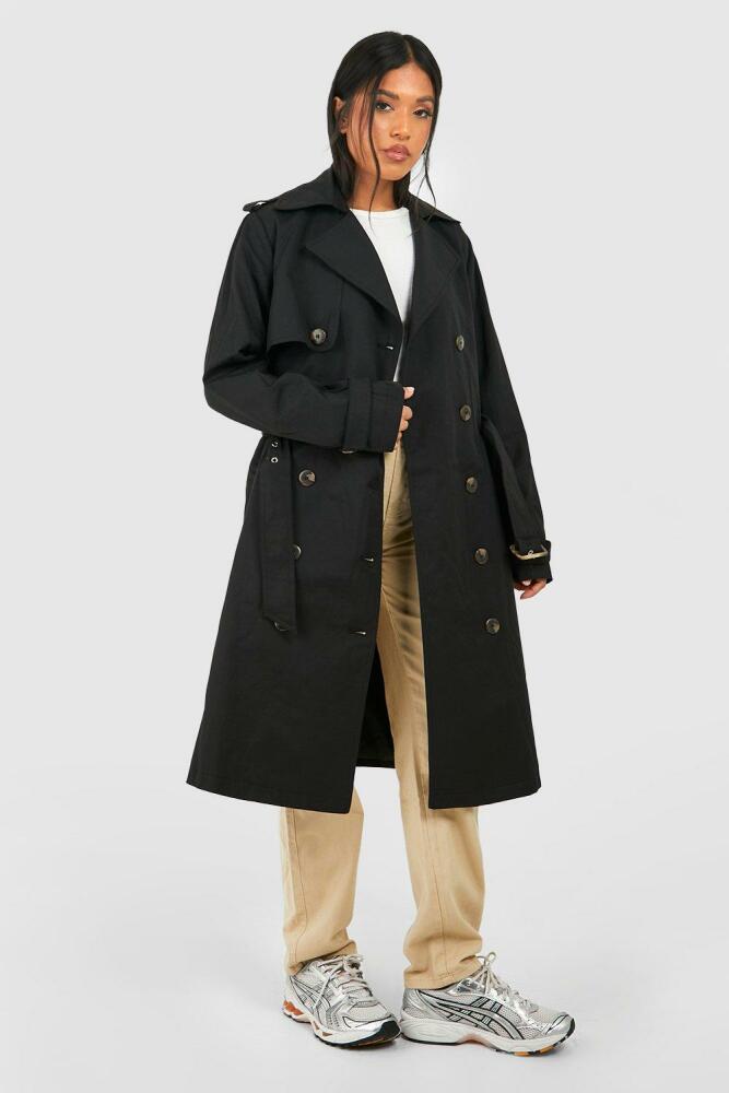 boohoo Womens Petite Premium Detail Belted Trench - Black Cover