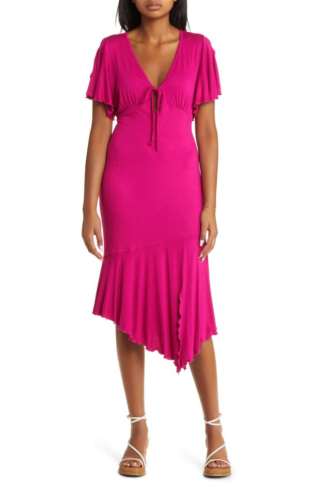 Loveappella Flouncy Tie Front Asymmetric Hem Sheath Dress in Magenta Cover