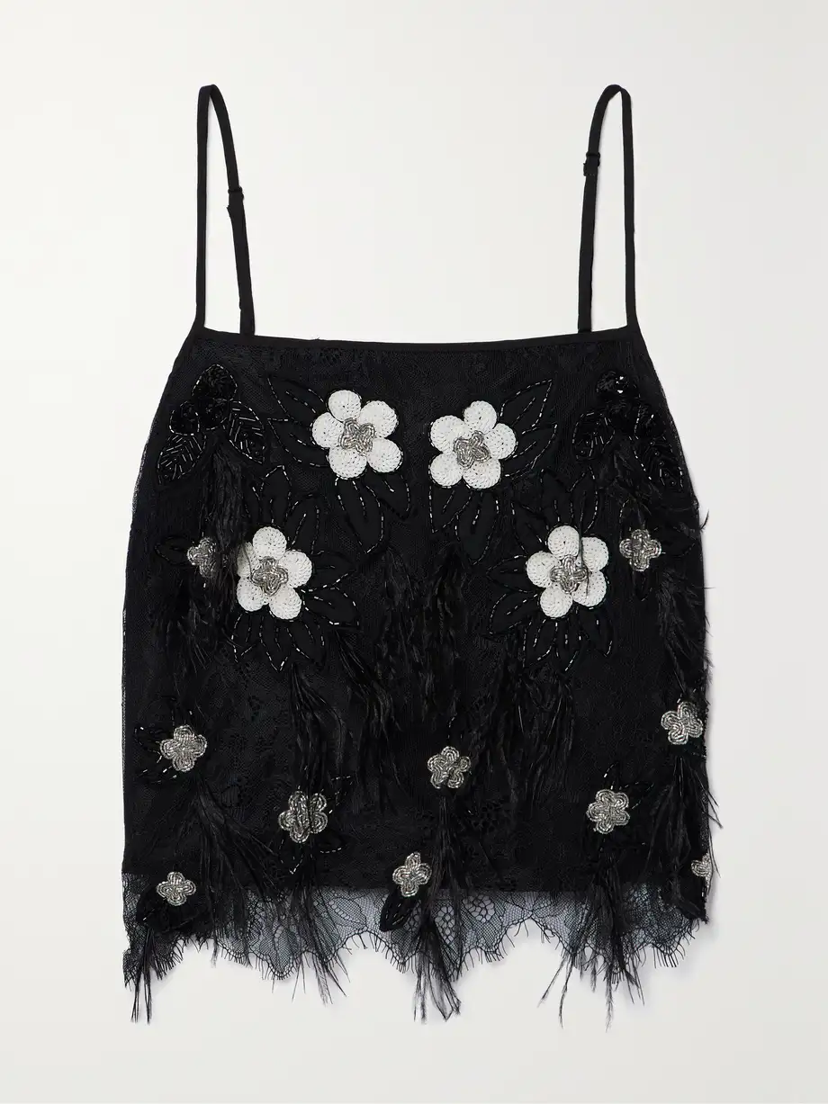 Sea - Bethany Feather-trimmed Embellished Lace Tank - Black Cover