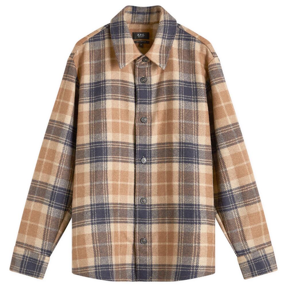 A.P.C. Men's Bobby Wool Plaid Overshirt in Beige Cover