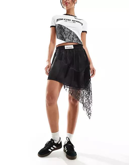 COLLUSION asymmetric mini skirt with satin and lace jacquard mix in black Cover