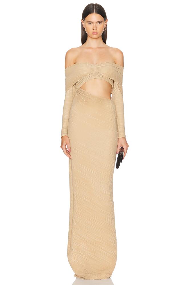 Atlein Off The Shoulder Pleated Gown in Neutral Cover