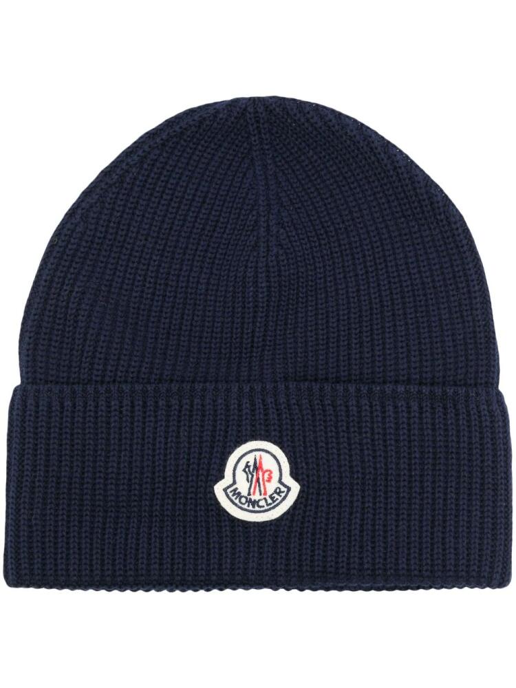 Moncler logo-patch cotton beanie - Blue Cover