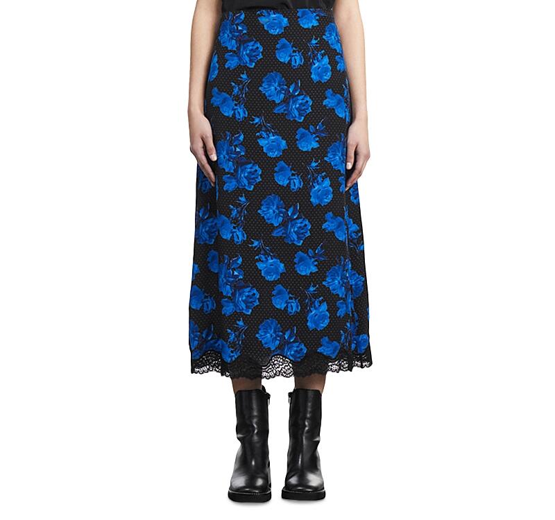 The Kooples Dot & Rose Print Silk Midi Skirt Cover