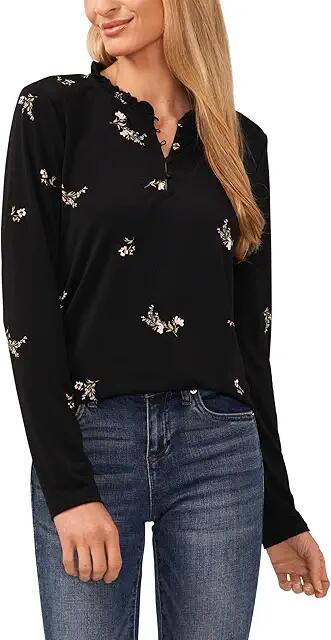 CeCe Long Sleeve Printed Knit Blouse (Rich Black) Women's Clothing Cover