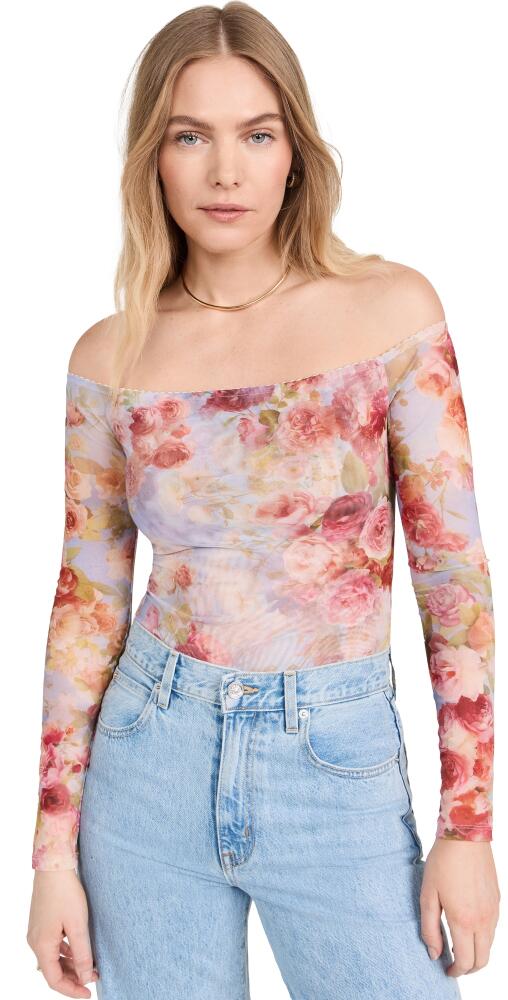 L'AGENCE Peony Off Shoulder Thong Bodysuit Multi Soft Cloud Floral Cover