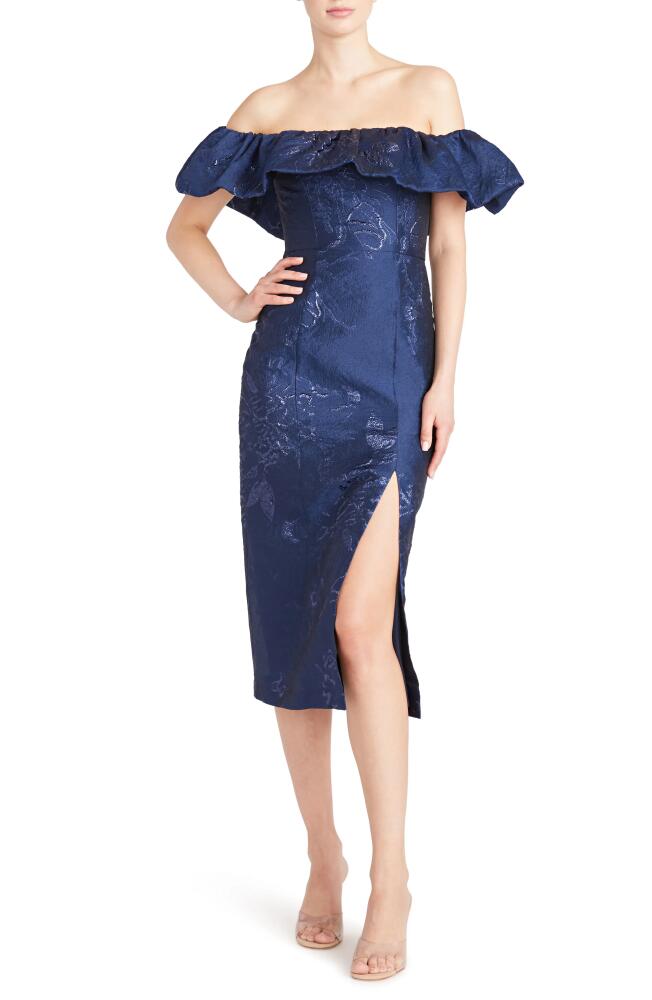 ML Monique Lhuillier Floral Print Metallic Off The Shoulder Ruffle Trim Midi Dress in Navy Cover