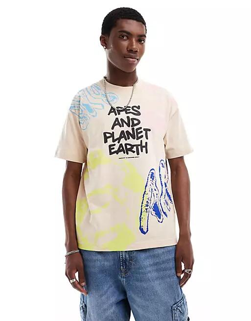 Aape By A Bathing Ape boxy fit short sleeve t-shirt with all over print in beige-Neutral Cover