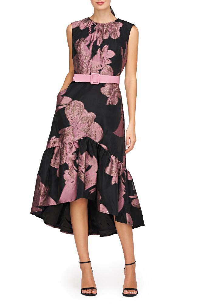 Kay Unger Beatrix Belted Floral High-Low Cocktail Dress in Black/Primrose Cover