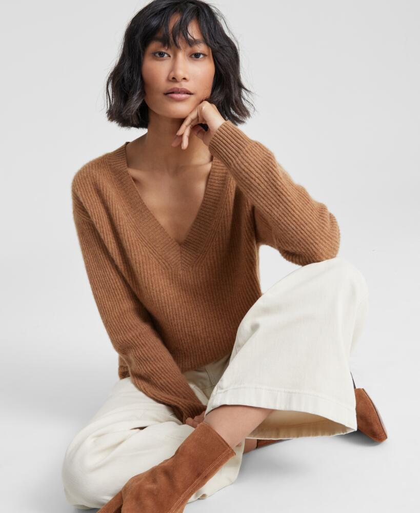 Charter Club Women's 100% Cashmere Ribbed V-Neck Sweater, Regular & Petites, Created for Macy's - Warm Praline Heather Cover