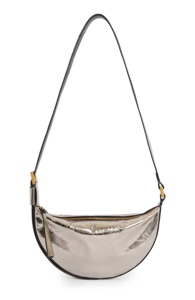 AllSaints Half Moon Metallic Leather Crossbody Bag in Pewter Cover