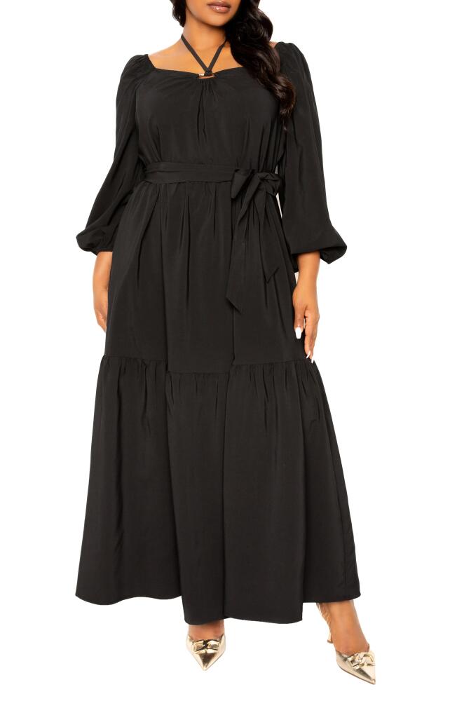 BUXOM COUTURE O-Ring Long Sleeve Tiered Maxi Dress in Black Cover