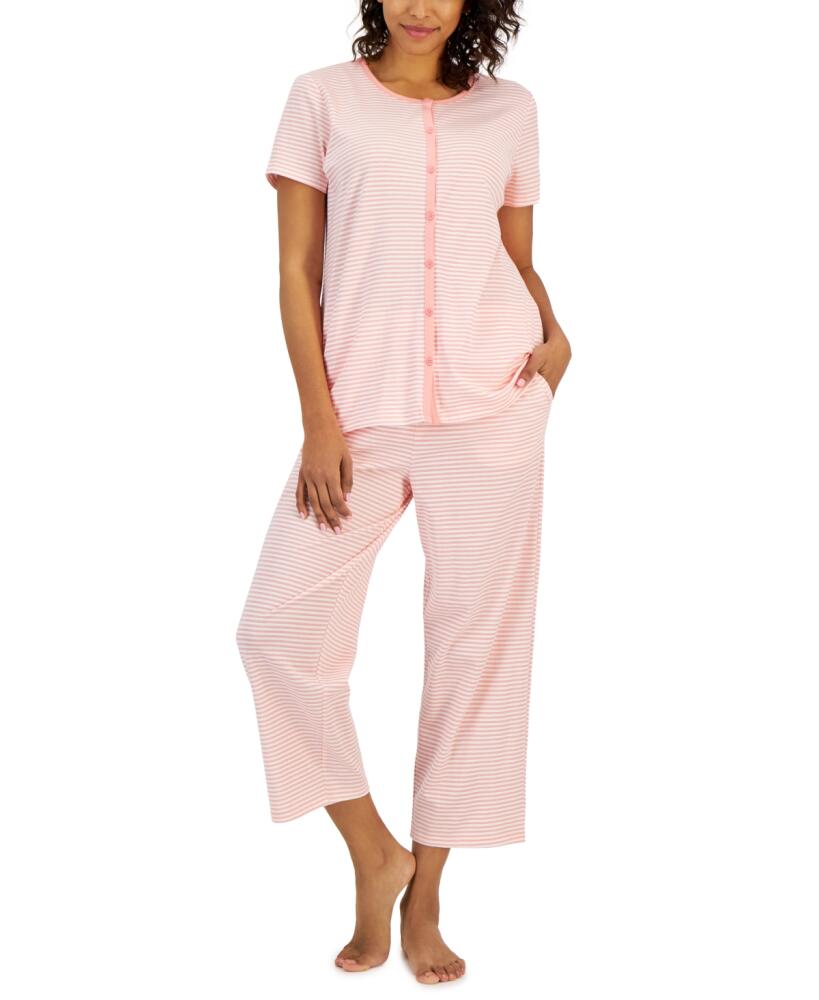 Charter Club Women's 2-Pc. Cotton Printed Cropped Pajamas Set, Created for Macy's - Coral Feeder Stripe Cover